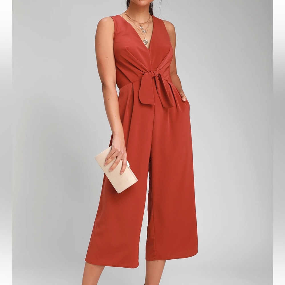 Lulu’s Minette Rust Red Tie-Front Wide-Leg Jumpsuit Size Small Womens Pockets